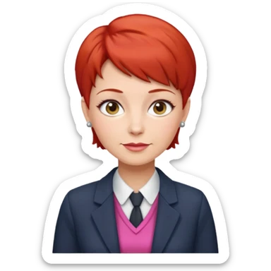 accountant older with red short hair without glasses, modern clothes, girly sticker
