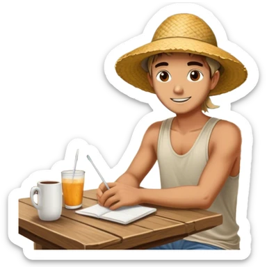 A digital nomad sits at a rustic open-air café in Bali, sticker