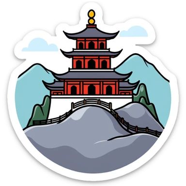 Taoist temple on a misty mountain sticker