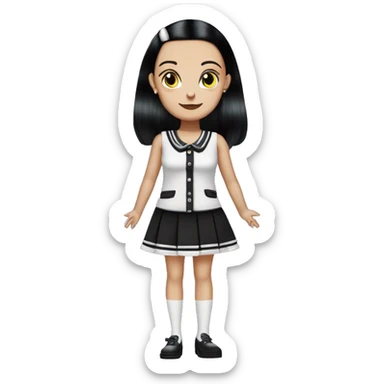 Nighty Brights Francie. Wednesday Addams. Mini-skirt, pumps, bracelet, earrings, purse , tights,go-go boots, Going out with Slippers the kitten.  sticker