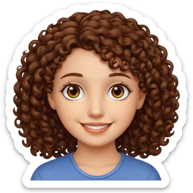 chica con piel blanca sonriendo, ojos marrones y pelo marrón con rulos sticker