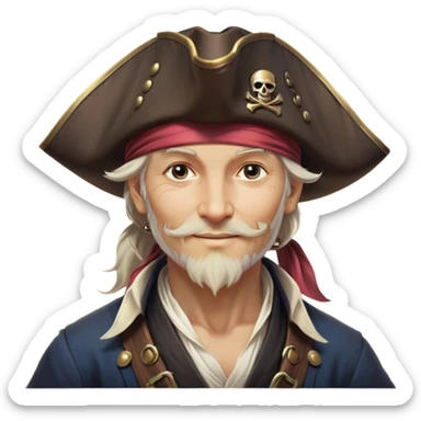 Clash of Clans aesthetic: Beautiful and Majestic Pirate Portrait Emoji, Rendered in serene confidence with a gentle, enigmatic smile and a regal tricorn hat, showcasing a distinguished, weathered build with a timeless bandana and soft, wise eyes in natural skin tone, Simplified yet exquisitely endearing features, highly detailed, glowing with a soft, drowsy maritime light, high shine, calm and heroic, stylized with an air of legendary seafaring elegance, soft glowing outline, capturing the essence of a majestic pirate whose noble spirit inspires epic adventures! sticker