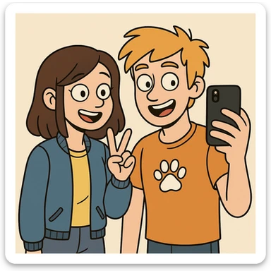 A girl yellow t-shirt blue girls bomber jackets ✌️A boy dark yellow hair Orange T-Shirt white dogs paw 🤳 sticker