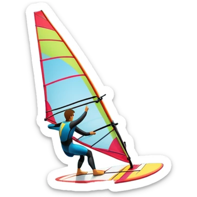 A windsurfer gliding across the ocean, with a vibrant sail catching the wind. The scene captures the motion of the board riding the ocean waves, surrounded by the bright blue sky and ocean, symbolizing the excitement and skill required in the sport of windsurfing. sticker