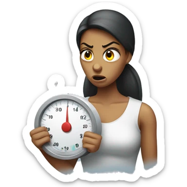 angry woman holding a bathroom scale sticker