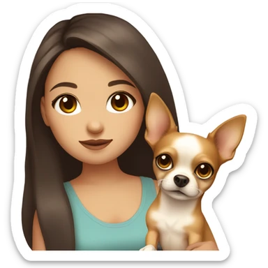 A girl with long brown hair, big brown eyes, big lips wearing a singlet top, she is holding a light yellow coloured chihuahua sticker