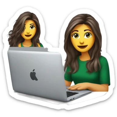 woman; 30's; white skin; dark green eyes; long thick hair parted in the middle; brown hair with gray strands on top; cut in layers shaggy style; wearing a T-shirt; working on a macbook sticker