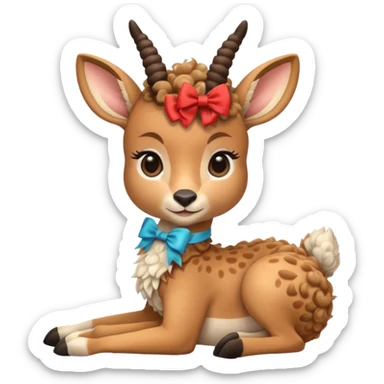 cute gazzelle with curly fur, sitting down, wearing a bow on its head. sticker