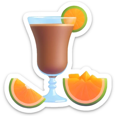 coffee carajillo drink with liquor in a glass with a slice of orange cantaloupe melon on the side sticker