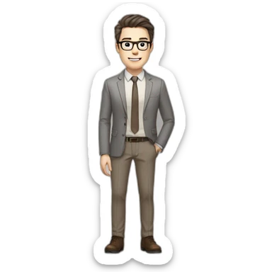Pale skinned fit man with dark brown hair in gray jacket, beige office shirt, brown tie, brown pants and vintage glasses Writing text on a marker board sticker