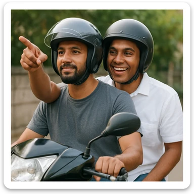 two men sitting on a bike, both wearing helmets, the man behind the driver wearing a white shirt and pointing a finger, both with brown skin tone sticker