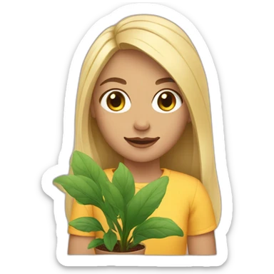 girl with medium length blonde hair holding plant sticker