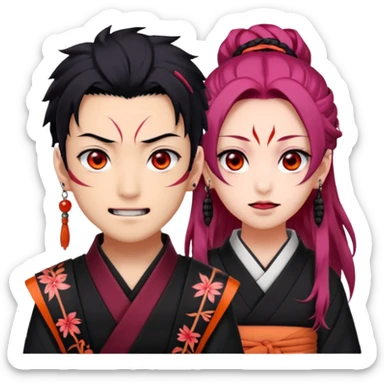 tanjiro male : Kind red eyes, black hair with burgundy tips, forehead scar, tanned skin, Hanafuda earrings.                             nezuko:   Pink eyes, black-orange hair, fangs, bamboo muzzle in mouth. sticker