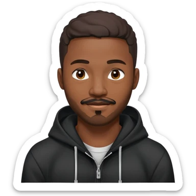 African yound man in his late 20s with a winkand  full short boxed beard and moutache , and a low cut hair, black hoody sticker