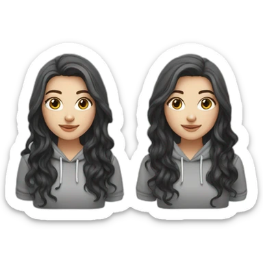 white girl with long black wavy hair with gray eyes in a hoody sticker