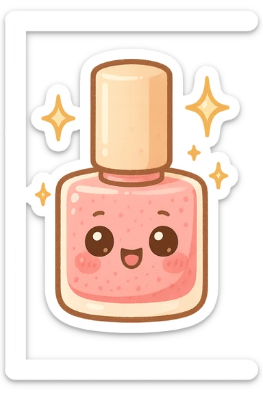 chibi sticker-style nail polish bottle with sparkles, girly, cute and exaggerated sticker