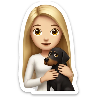 White girl with black long hair holding a brown dog like golden but chocolate  sticker