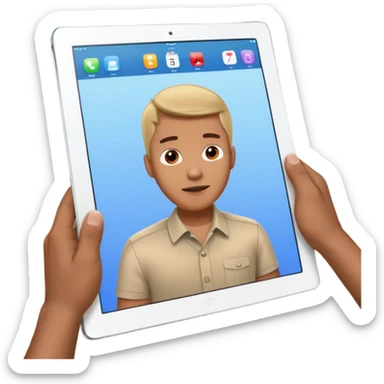 An iPad lying on a desk. On the iPad screen, a video is playing. The video shows a man talking to camera.  sticker