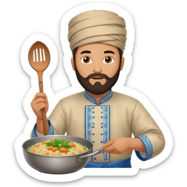 uzbek bearded man with national outfit cooking pilaf sticker