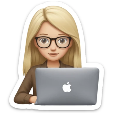 Girl in glasses, blonde long hair, with MacBook , brown blouse, typing on gray MacBook sticker