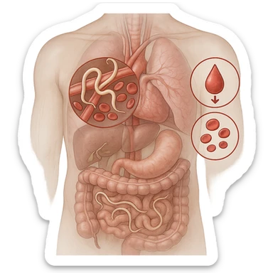 realistic transparent abdomen focusing on hookworms near blood vessels, visible reduction in red blood cells, anemia symbols, other parasites present, medical style sticker