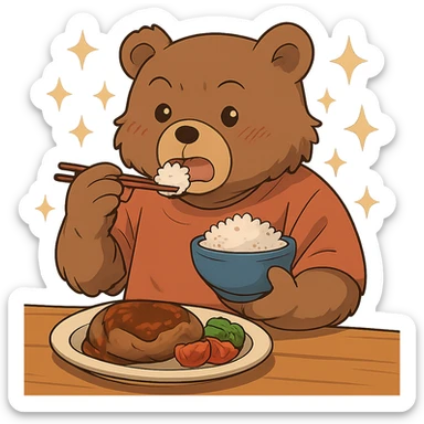 Add magical sparkles around the chibi bear eating. Keep the image with no background. sticker