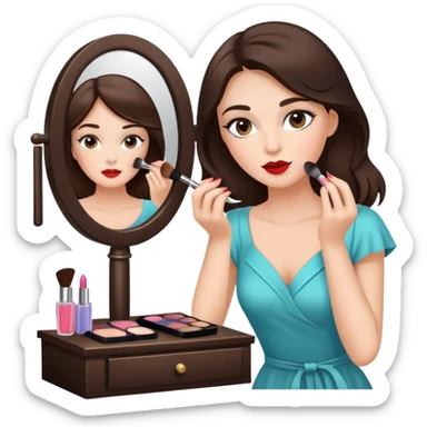 Hyperrealistic brunette woman putting on makeup at a vanity sticker