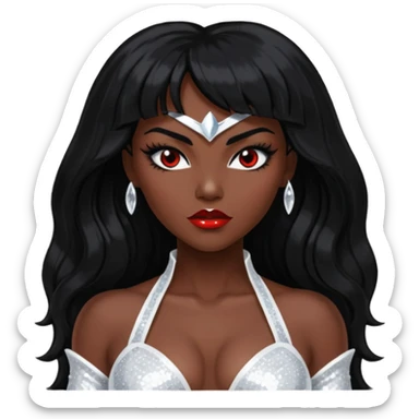 Victory from Vampirella with dark skin, long black hair, white sequin outfit sticker