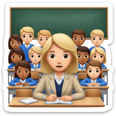exhausted teacher in a bustling classroom sticker