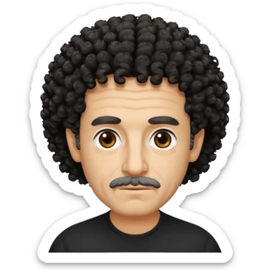 60 year old Greek man with short black curly frizzy hair that sticks up and has a black shirt sticker