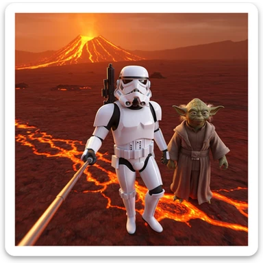 Camera POV, Starwars stormtroopers vlogging selfie, he is walking on lava planet with yoda sticker