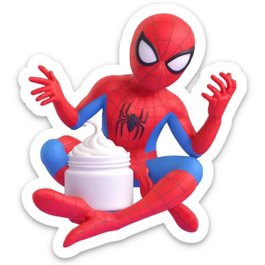 Spiderman doing his skin care routine, applying cream, playful and lighthearted sticker