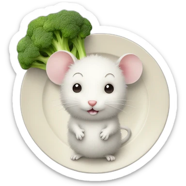 cute fluffy mouse beside (plate) with broccoli sticker