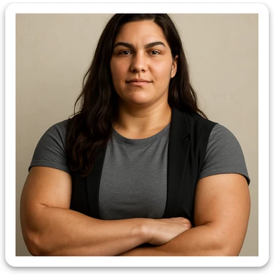 kräftige Frau mit langen braunen Haaren, neutraler Hintergrund, Oberkörper, entspannter Gesichtsausdruck, moderne Kleidung sticker