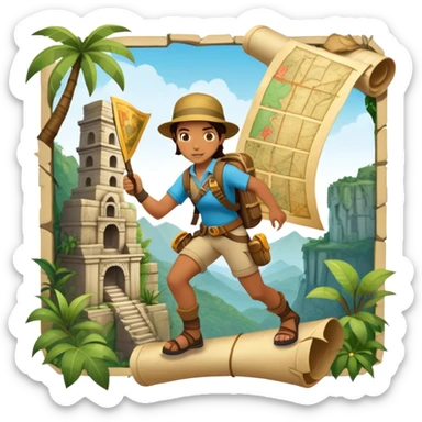 An icon featuring an adventurer in a dynamic action pose with treasure map, ancient ruins and jungle landscapes in the background. The design includes clues, hidden passages and climbing gear, symbolizing the thrill of exploration and discovery. Transparent background. sticker