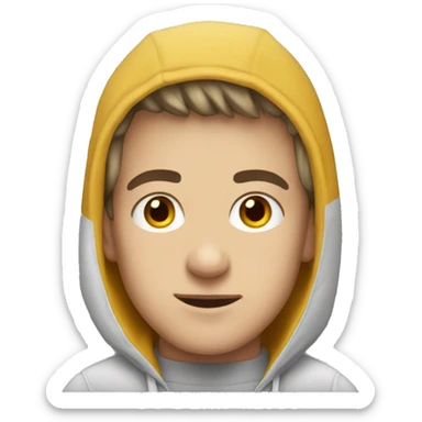 young man, short fair hair, grey eyes, wearing hoody sticker