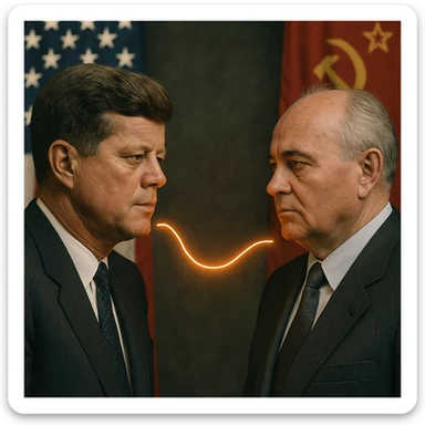 realistic portrait of John F. Kennedy and Mikhail Gorbachev with a glowing hot wire between them, US and Russian flags, Cold War context sticker