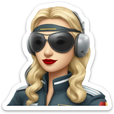 Blonde Russian pilot girl with red lips with pilot headset infront of an airplane   sticker