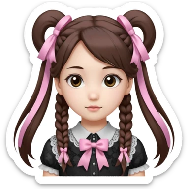jirai kei, девушка с длинными прямыми темно каштановыми волосами и несколько розовых прядей по всей голове в разных местах, прическа два высоких хвоста заплетённые пушистыми белыми резинками. милое лицо. серо-розовая рубашка и чёрный бант, много кружев чёрного цвета sticker