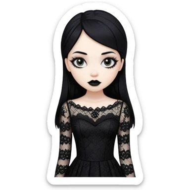 gothic girl pale skin with black lipstick and black hair and eyeliner wearing a black dress lace  sticker