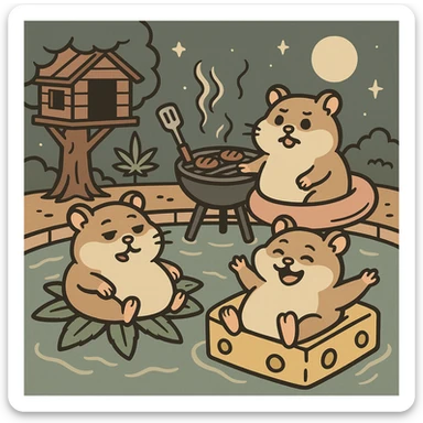 Discord server icon, 512x512 px, square format, summer pool cookout scene with up to 3 hamsters floating on pool toys, weed leaf, cheese, and THC theme, near a treehouse, in space. Flat toon style, soft but colorful, bold outlines, nostalgic, fun, inviting, summer party vibe, clear composition, less vibrant colors, crisp details, designed to look good even at tiny size. sticker