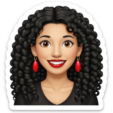 40 yr old peruvian woman, very curly long black hair, red lipstick, big smile, white teeth, brown eyes, hoop earings, side part to hair sticker
