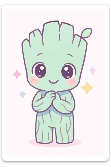 anime style Groot character, cute and shy, happy expression, standing with hands together sticker
