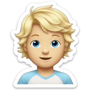 Baby boy with blond hair and blue eyes and a fox sticker