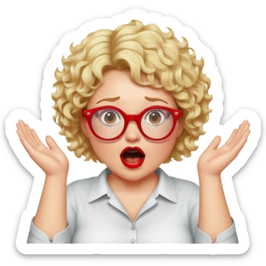 A blonde woman with short curly hair, slightly overweight, wearing red-framed glasses, shouting with hands cupped around her mouth sticker