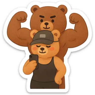 Create an affectionate and cute illustration of two muscle bears inspired by the reference photo. One bear in front with a female shape and the other behind with a male shape doing a double biceps pose. The style should resemble apple emoji style. Remove the background. sticker