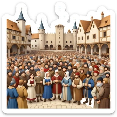 Large crowd of medieval people gathered in town square, mixture of wealthy merchants in fine clothes and commoners in simple attire sticker