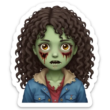 Emoji garota zombie com cabelo castanho escuro cacheado longo com franja cacheada sticker