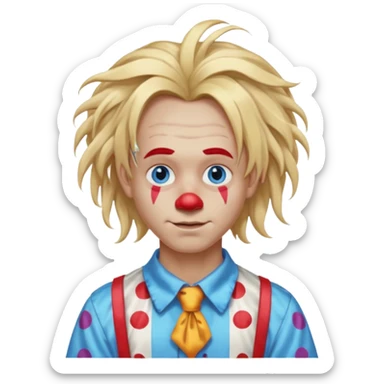 clown boy with messy very long long blonde hair blue eyes, designer shirt and hair pins sticker