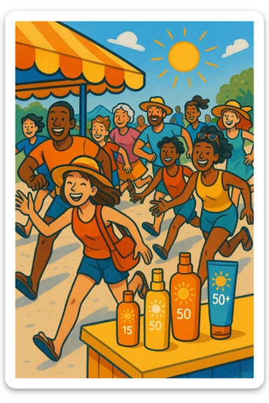 tante persone che corrono a comprare le creme solari sticker